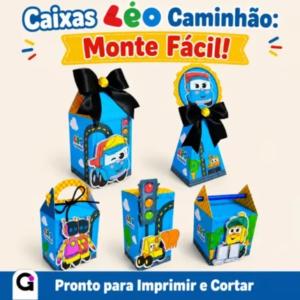 Kit 5 Caixa Léo Caminhão com 5 modelos variados (alta, canudo, maleta, milk, pirâmide) para festas infantis temáticas, pronto para corte Silhouette e impressão.