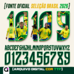 Arte digital da Fonte Seleção Brasil Copa 2026 em camisa para personalização de torcedores e celebrações do futebol.