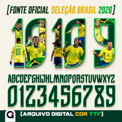 Arte digital da Fonte Seleção Brasil Copa 2026 em camisa para personalização de torcedores e celebrações do futebol.