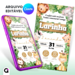 Convite digital safari menina com tema animais da selva em aquarela e detalhes em rosa e dourado.