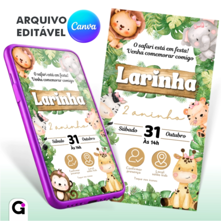 Convite digital safari menina com tema animais da selva em aquarela e detalhes em rosa e dourado.
