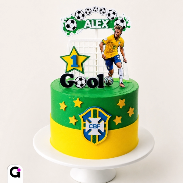 mey Topo de Bolo Neymar Brasil para festas temáticas de futebol, com o jogador camisa 10 e elementos de gol, disponível em arquivo digital Studio, PDF e PNG.