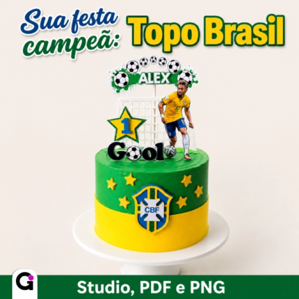 Topo de Bolo Neymar Brasil para festas temáticas de futebol, com o jogador camisa 10 e elementos de gol, disponível em arquivo digital Studio, PDF e PNG.