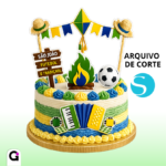 Topo de bolo Copa São João arquivo de corte Silhouette Studio com fogueira, futebol, bandeirinhas juninas e sanfona brasileira