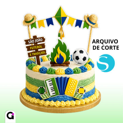 Topo de bolo Copa São João arquivo de corte Silhouette Studio com fogueira, futebol, bandeirinhas juninas e sanfona brasileira