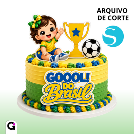 Topo de Bolo Copa Gol do Brasil Menina, ideal para festas de futebol e celebrações patrióticas.