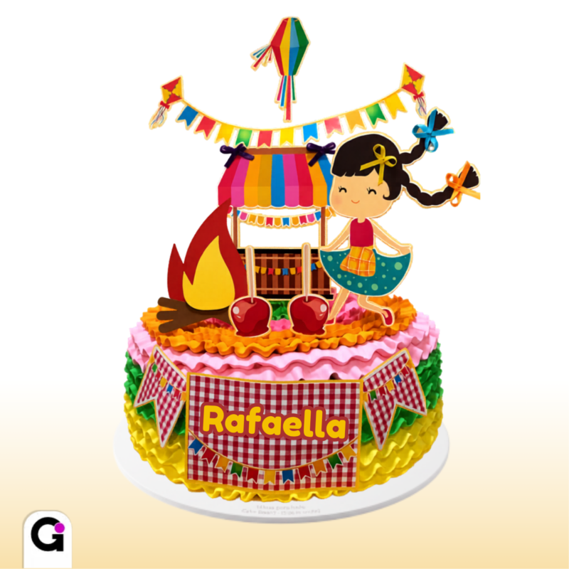 Topo de Bolo Festa Junina menina em formato Studio, com menina caipira, fogueira, doces e bandeirinhas coloridas.