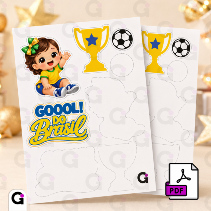 Topo de Bolo Copa Gol do Brasil Menina, ideal para festas de futebol e celebrações patrióticas.