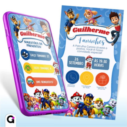 Convite Patrulha Canina Interativo de Aniversário Infantil com Ryder, Chase e Marshall para o Guilherme 4 anos, com botões de RSVP e localização.