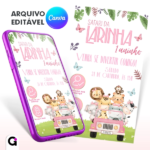 Convite digital safari rosa aquarela com elementos de animais em aquarela e detalhes delicados, ideal para festas infantis temáticas