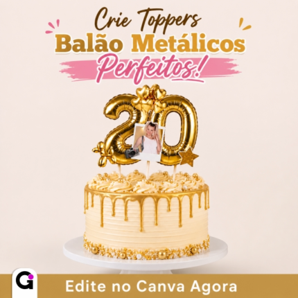 Kit topos balão metálicos para bolo de aniversário, números e letras editáveis no Canva.