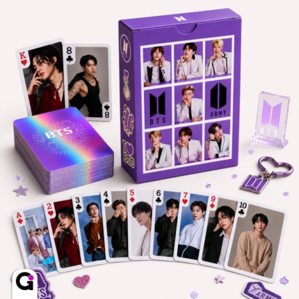 Baralho BTS para imprimir com caixa roxa, fotos dos integrantes RM, Jin, Suga, J-Hope, Jimin, V, Jungkook e cartas holográficas em PDF.