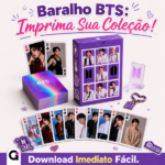 Baralho BTS para imprimir com caixa roxa, fotos dos integrantes RM, Jin, Suga, J-Hope, Jimin, V, Jungkook e cartas holográficas em PDF.