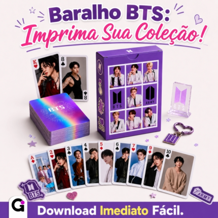 Baralho BTS para imprimir com caixa roxa, fotos dos integrantes RM, Jin, Suga, J-Hope, Jimin, V, Jungkook e cartas holográficas em PDF.