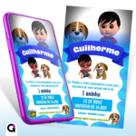Convite digital Bento e Totó animado para primeiro aniversário, editável no Canva, com os personagens 3D e tons de azul, branco e verde-água.
