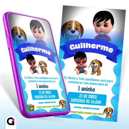Convite digital Bento e Totó animado para primeiro aniversário, editável no Canva, com os personagens 3D e tons de azul, branco e verde-água.