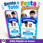 Convite digital Bento e Totó animado para primeiro aniversário, editável no Canva, com os personagens 3D e tons de azul, branco e verde-água.