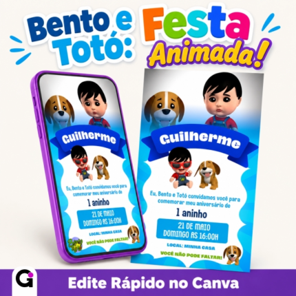 Convite digital Bento e Totó animado para primeiro aniversário, editável no Canva, com os personagens 3D e tons de azul, branco e verde-água.