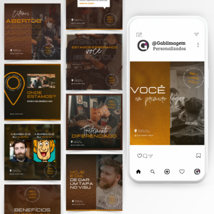 Imagens rústicas e sofisticadas do Pack Feed Post Barbearia 43 Artes Exclusivas editável no Canva