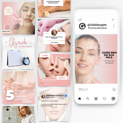Pack Feed Esteticista com templates profissionais em tons pastéis de rosa e bege para Instagram no Canva.