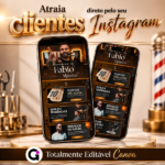 Link da bio Barbearia Template editável no canva aberto no celular com tons escuros e dourados para agendamento de barbearia profissional.