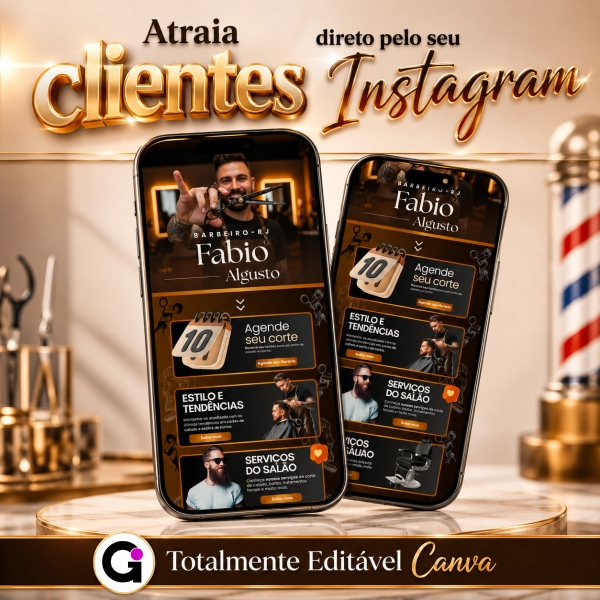 Link da bio Barbearia Template editável no canva aberto no celular com tons escuros e dourados para agendamento de barbearia profissional.