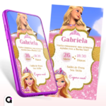 Convite digital Barbie animado e editável no Canva, com tema Barbie rosa e dourado para festa de aniversário infantil da Gabriela.