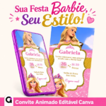Convite digital Barbie animado e editável no Canva, com tema Barbie rosa e dourado para festa de aniversário infantil da Gabriela.