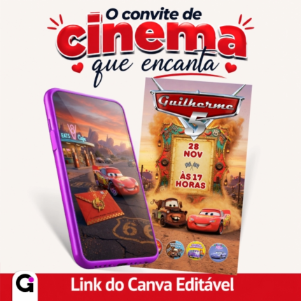 Convite Carros McQueen cinematográfico interativo editável no Canva
