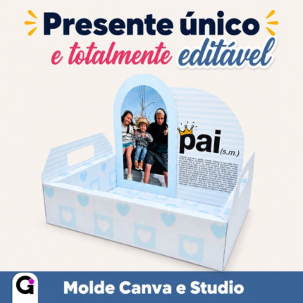 Caixa cenário com alça e foto personalizada de Dia dos Pais com estampa azul xadrez
