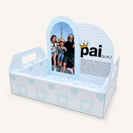 Caixa cenário com alça e foto personalizada de Dia dos Pais com estampa azul xadrez