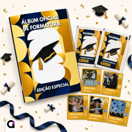 Álbum de Figurinhas de Formatura 2026 editável no Canva com cromos personalizados de formandos e momentos especiais.