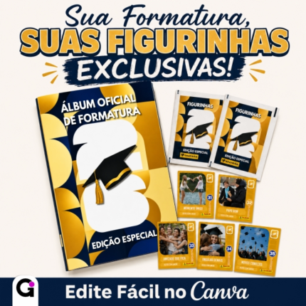 Álbum de Figurinhas de Formatura 2026 editável no Canva com cromos personalizados de formandos e momentos especiais.