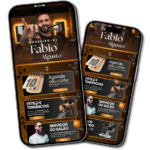 Link da bio Barbearia Template editável no canva aberto no celular com tons escuros e dourados para agendamento de barbearia profissional.