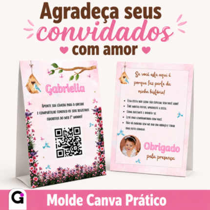 molde de plaquinhas de agradecimento centro de mesa editável no tema jardim encantado com foto e qr code