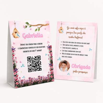 molde de plaquinhas de agradecimento centro de mesa editável no tema jardim encantado com foto e qr code