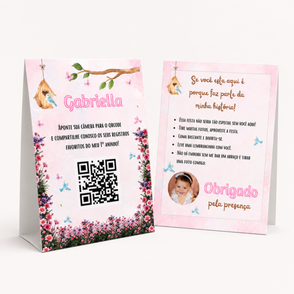 imagem anuncio (7) molde de plaquinhas de agradecimento centro de mesa editável no tema jardim encantado com foto e qr code