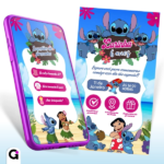 Convite Digital Lilo & Stitch Interativo para aniversário infantil, com tema tropical, Lilo e Stitch na praia e botões clicáveis.