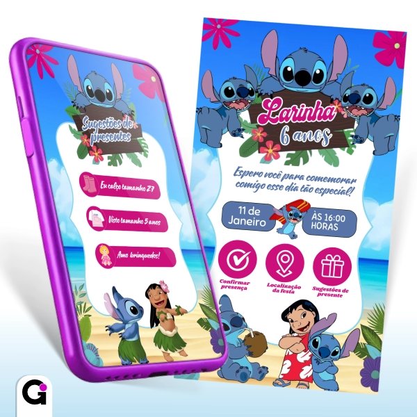 lilosti-4 Convite Digital Lilo & Stitch Interativo para aniversário infantil, com tema tropical, Lilo e Stitch na praia e botões clicáveis.