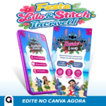 Convite Digital Lilo & Stitch Interativo para aniversário infantil, com tema tropical, Lilo e Stitch na praia e botões clicáveis.