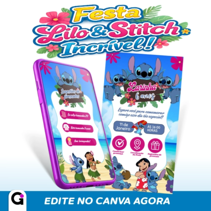 Convite Digital Lilo & Stitch Interativo para aniversário infantil, com tema tropical, Lilo e Stitch na praia e botões clicáveis.