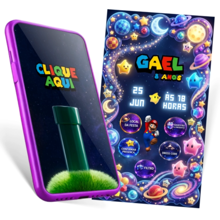 Convite Super Mário Galaxy interativo editável no Canva da GabiImagem