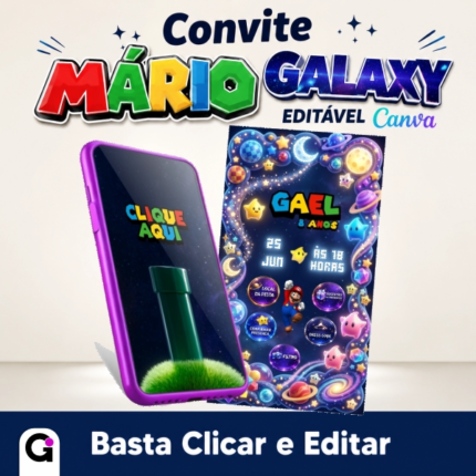 Convite Super Mário Galaxy interativo editável no Canva da GabiImagem