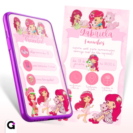 Convite digital Moranguinho interativo para aniversário da Gabriela de 4 anos, com botões de WhatsApp, localização e sugestões de presentes.