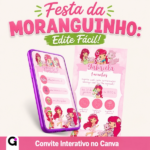 Convite digital Moranguinho interativo para aniversário da Gabriela de 4 anos, com botões de WhatsApp, localização e sugestões de presentes.