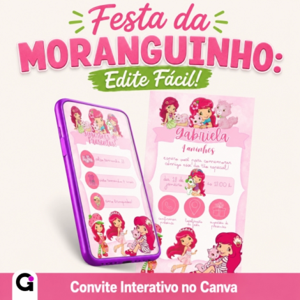 Convite digital Moranguinho interativo para aniversário da Gabriela de 4 anos, com botões de WhatsApp, localização e sugestões de presentes.