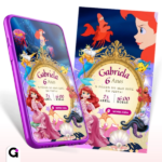Convite Digital Pequena Sereia animado para aniversário infantil com personagens da Disney e tema fundo do mar, Ariel, Linguado e Sebastião.