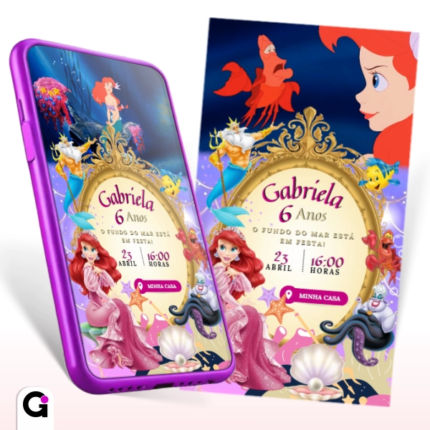 Convite Digital Pequena Sereia animado para aniversário infantil com personagens da Disney e tema fundo do mar, Ariel, Linguado e Sebastião.