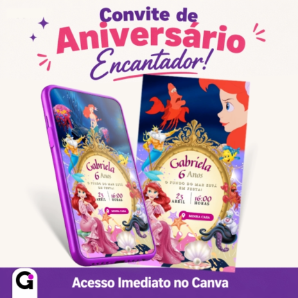 Convite Digital Pequena Sereia animado para aniversário infantil com personagens da Disney e tema fundo do mar, Ariel, Linguado e Sebastião.