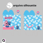 Caixa Mc Lanche Feliz Stitch e Angel em formato de arquivo de corte digital contendo estampa floral havaiana azul e rosa com os personagens Stitch e Angel abraçados